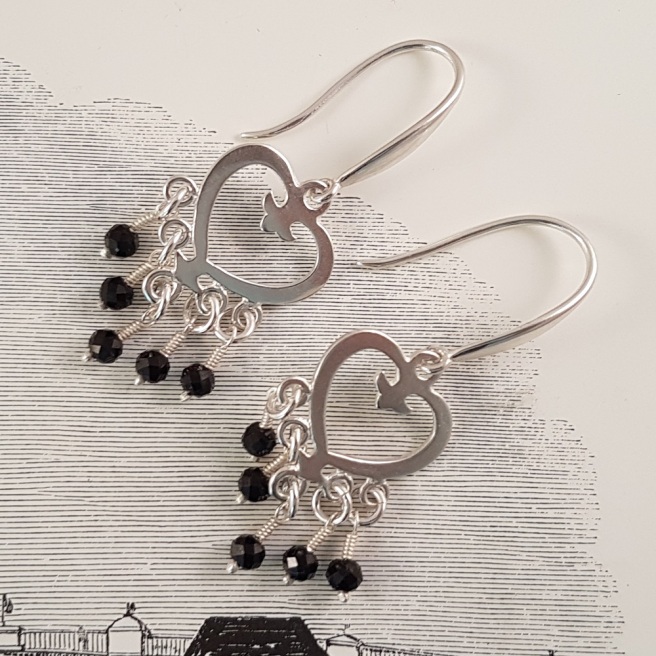 Silver heart and black spinel earrings