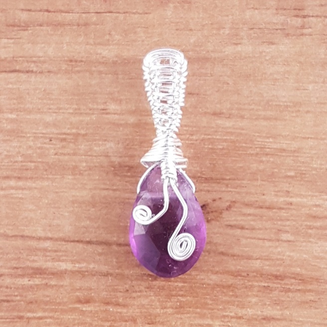 Purple amethyst drop silver wire wrapped pendant