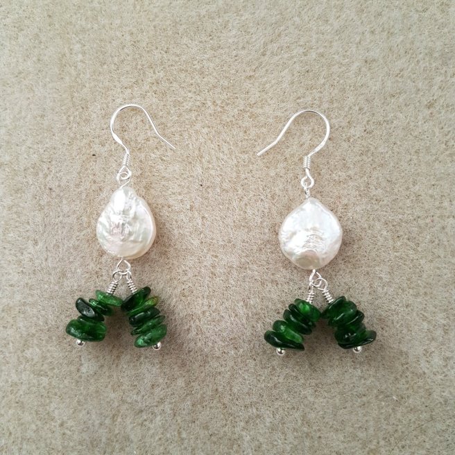 A pair of pearl and green chrome diopside earrings